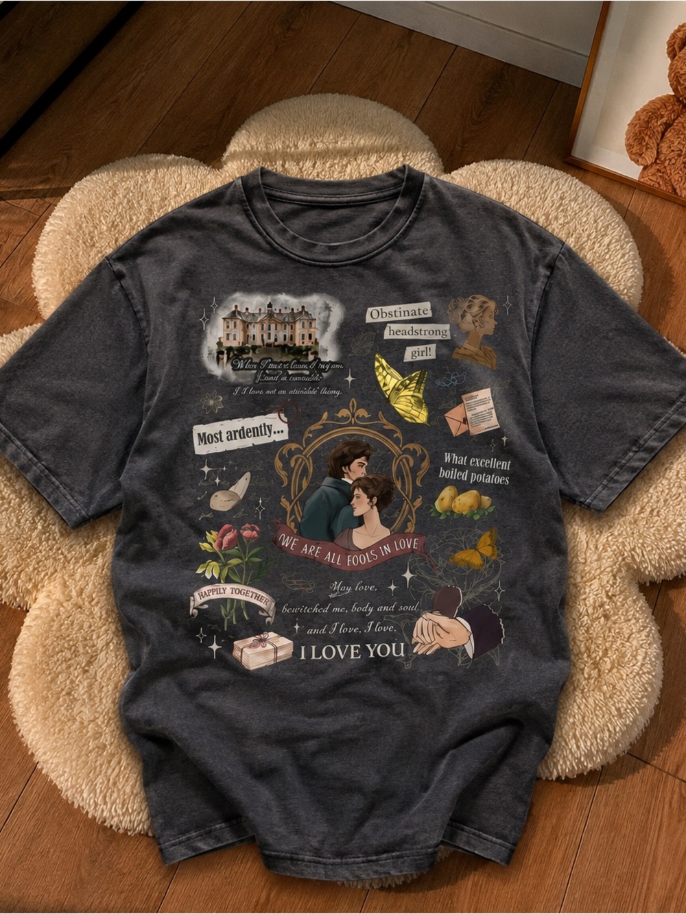 Pride And Prejudice Romantic Shirt, Literary Graphic Crewneck Tee - Charcoal